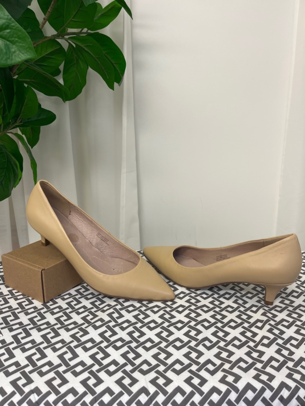 Leather Pointed-Toe Low Heel Pumps in Beige